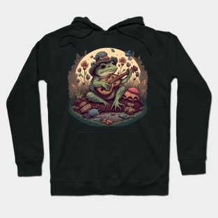 Cottagecore aesthetic cute frog playing ukelele on Mushroom Hoodie